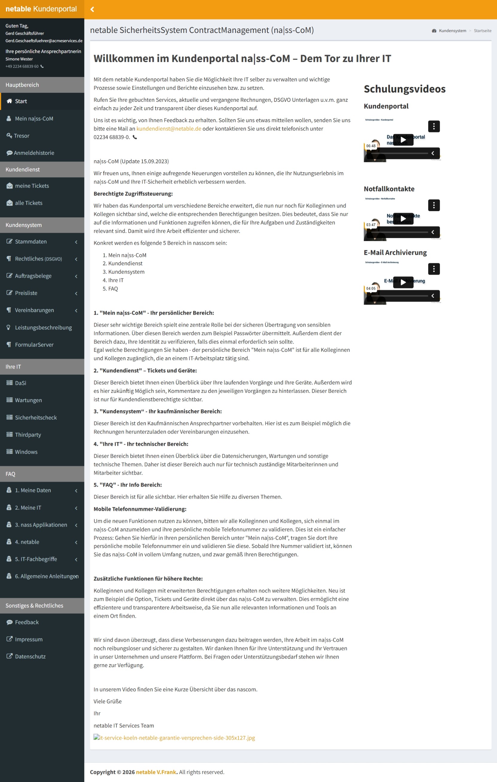 Startseite von nasscom mit zentralem Einstieg in Kundenservice, Kundensystem und IT-Bereiche