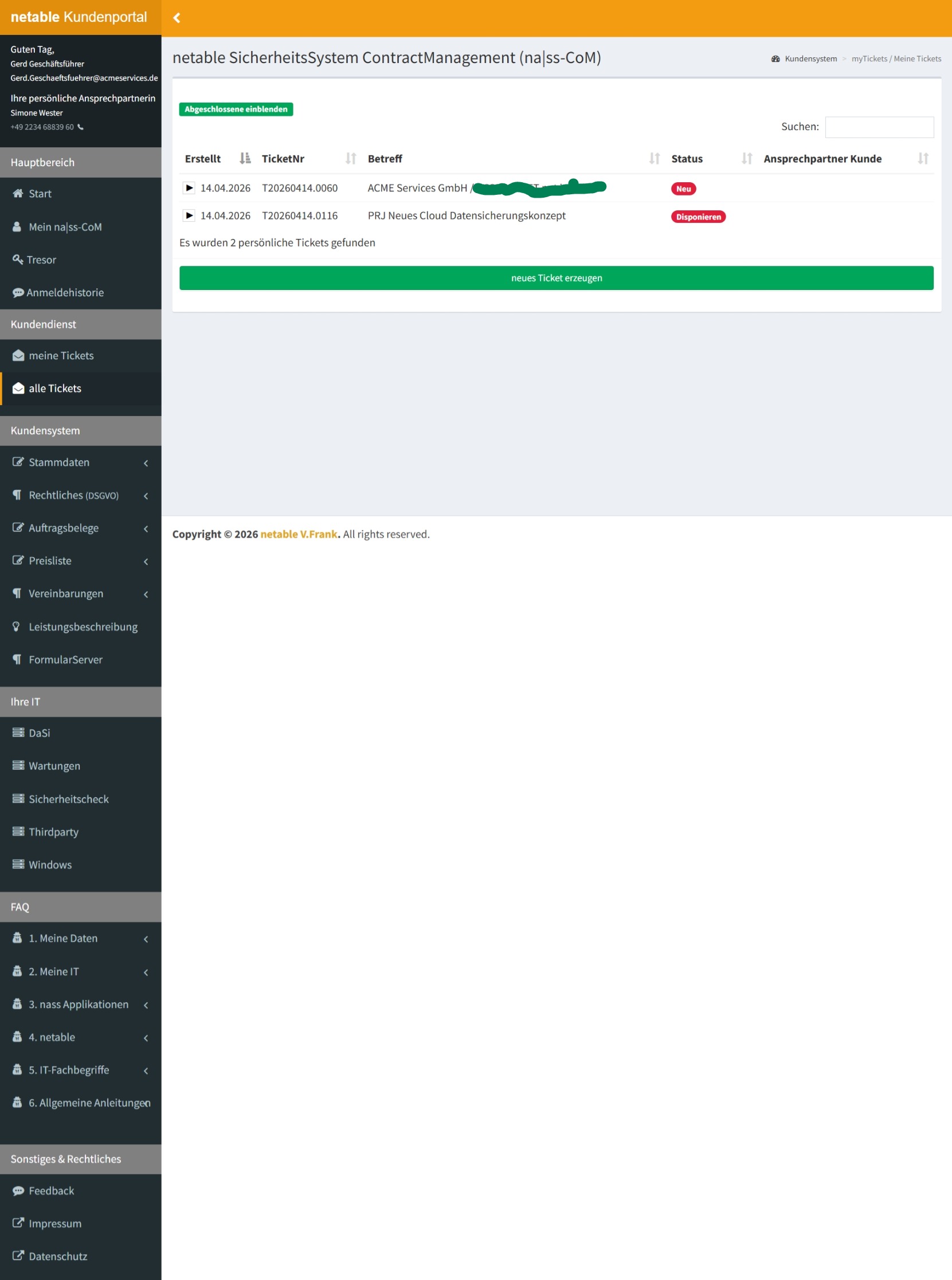 Ticketübersicht in nasscom mit Statusanzeige und Ticketliste